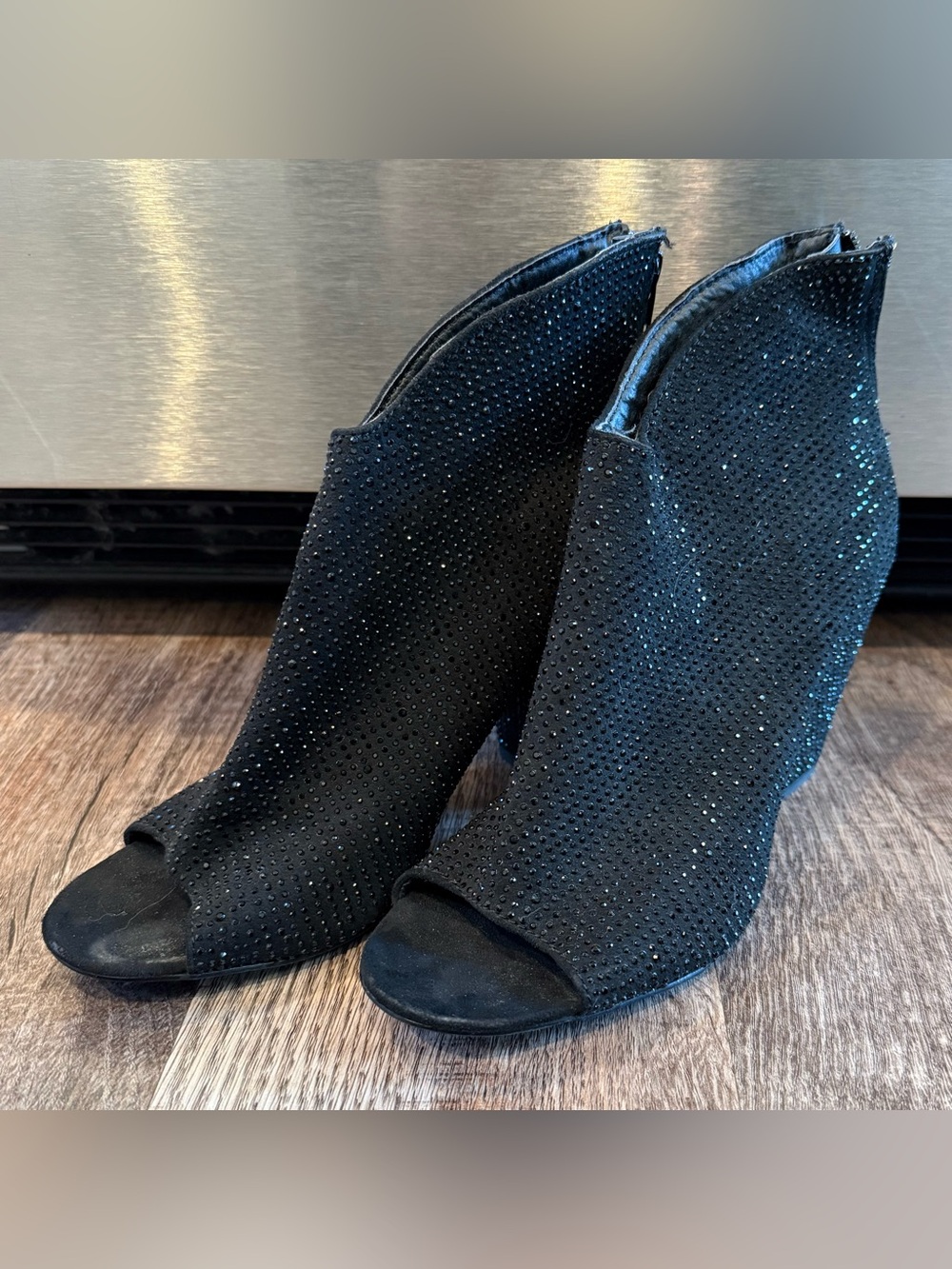 Very G Black Rhinestone Heeled Peep Toe Booties Zip Back Size 8 Glitz Sparkle